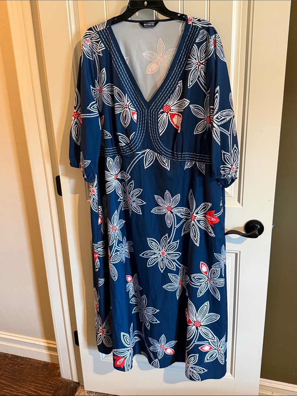 BloomChic Navy Floral V-Neck Maxi Dress with Red Accents